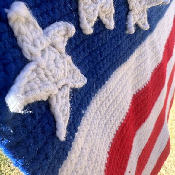 Vintage Hand Knit Crocheted American Flag Patriotic Afghan Throw Blanket 57X33 - Picture 6 of 7